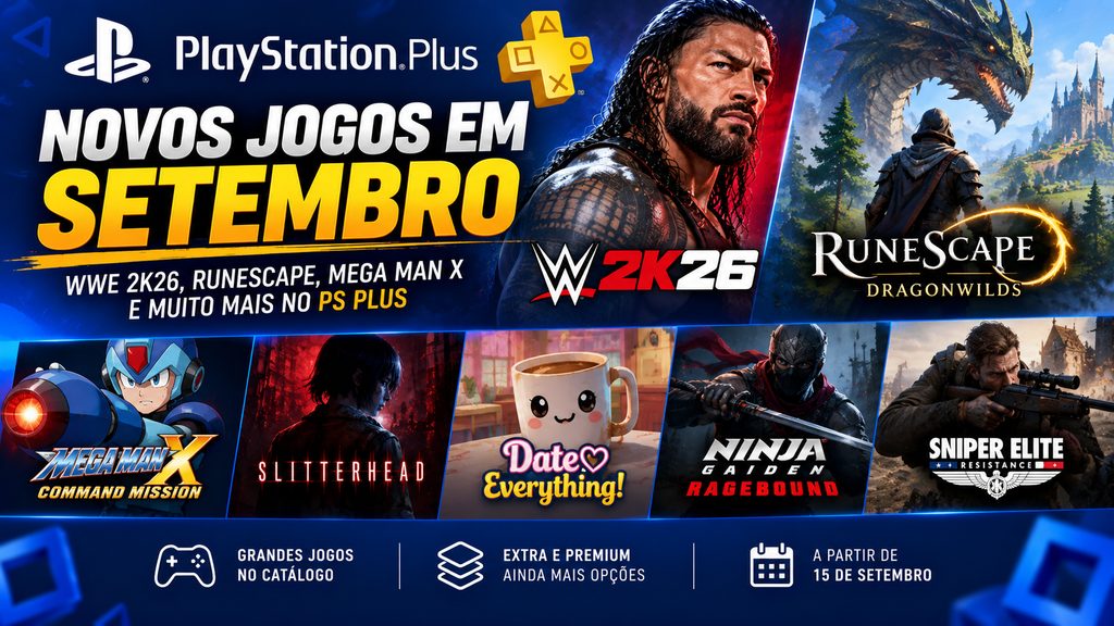 PS Plus revela jogos de setembro com WWE 2K26, RuneScape e Mega Man X